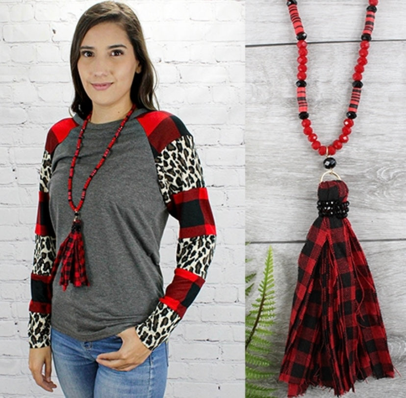 Buffalo Plaid Tassel  Necklace