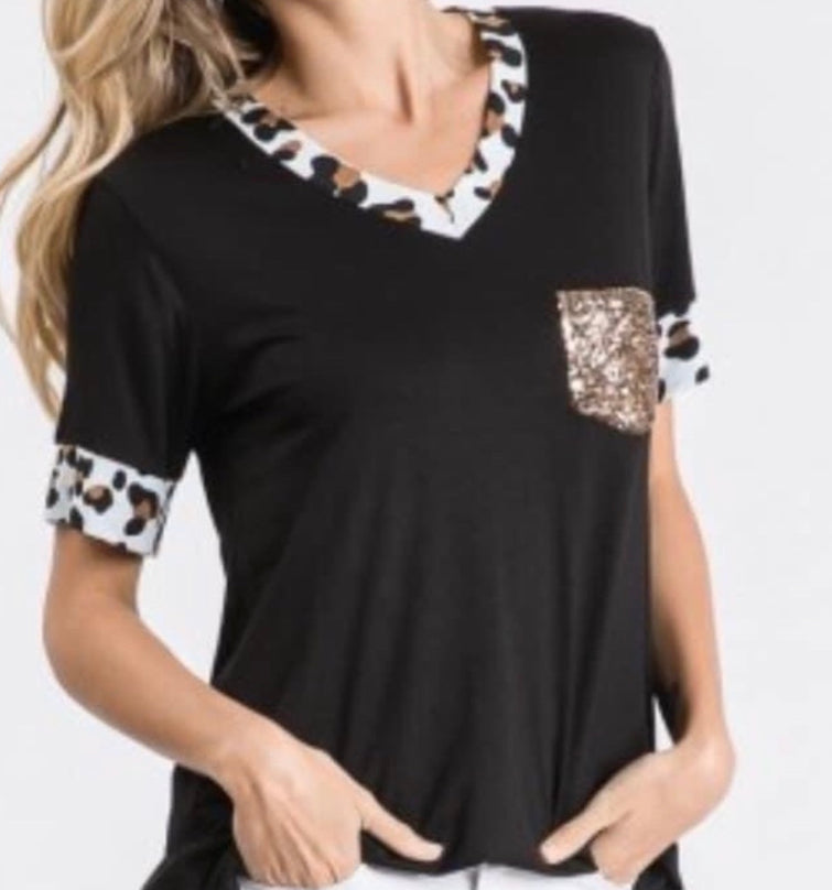 Leopard Trim Bling Pocket Tee